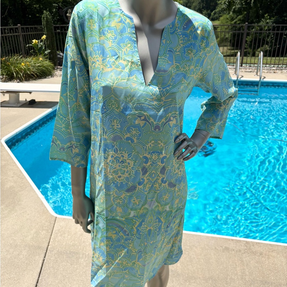 Paisley Floral Shift Tunic Dress Swim Cover-Up Bell Sleeves VNeck